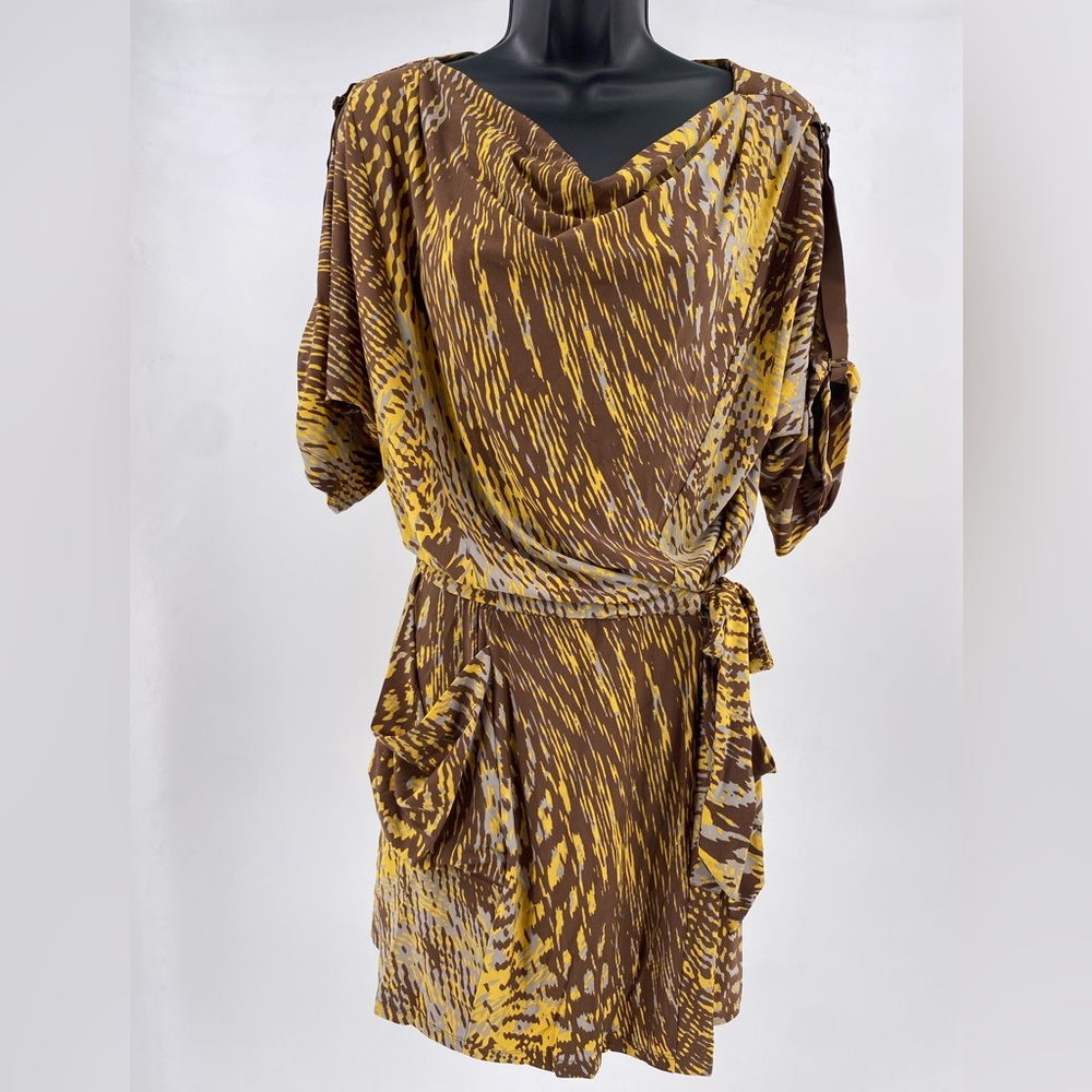 BCBG Golden Canary Brown And Yellow Cowl Neck Belted Dress w/ Pockets Medium